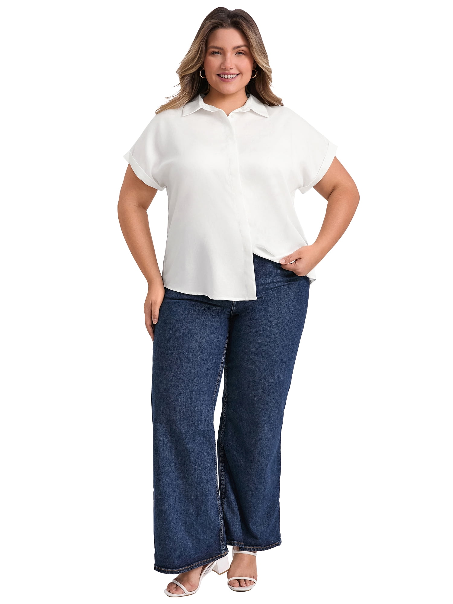 DARING DIVA Women's Plus Size Button Down Polo Lapel Short Sleeve Blouse 1X White