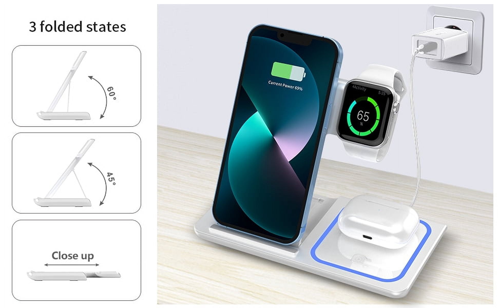 Wireless Charger,iPhone Charging Station for iPhone 16/15/14/13/12/11/Pro Max/Plus, 3 in 1 Wireless Charging Stand for iWatch SE 10/9/8/7/6/5/4/3, Airpods Pro/3/2 Blue