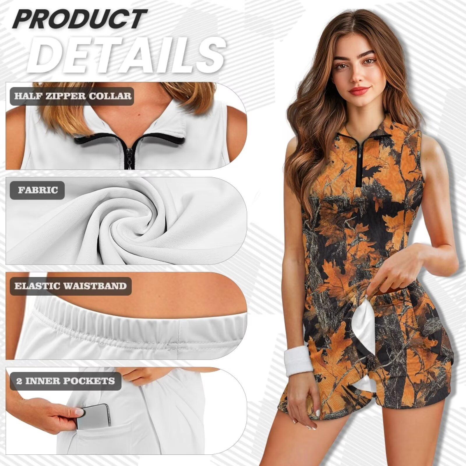Yuyamidu Orange Camo Hunting Tennis Golf Dress Elegant Workout Dresses with Pockets Shorts Sleeveless Athletic Dress for Women Slim Fit Workout Athletic Dresses Size M