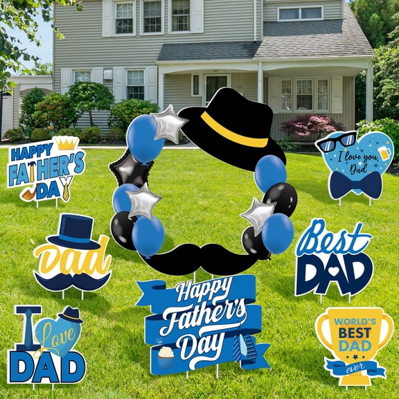 Elcoho Father's Day Yard Signs, 8 Pack I Love Dad Lawn Decorations, Father's Day Outdoor Yard Sign Stakes Outdoor Photo Booth Props Party Patio Garden Decor for Lawn, Patio, Garden