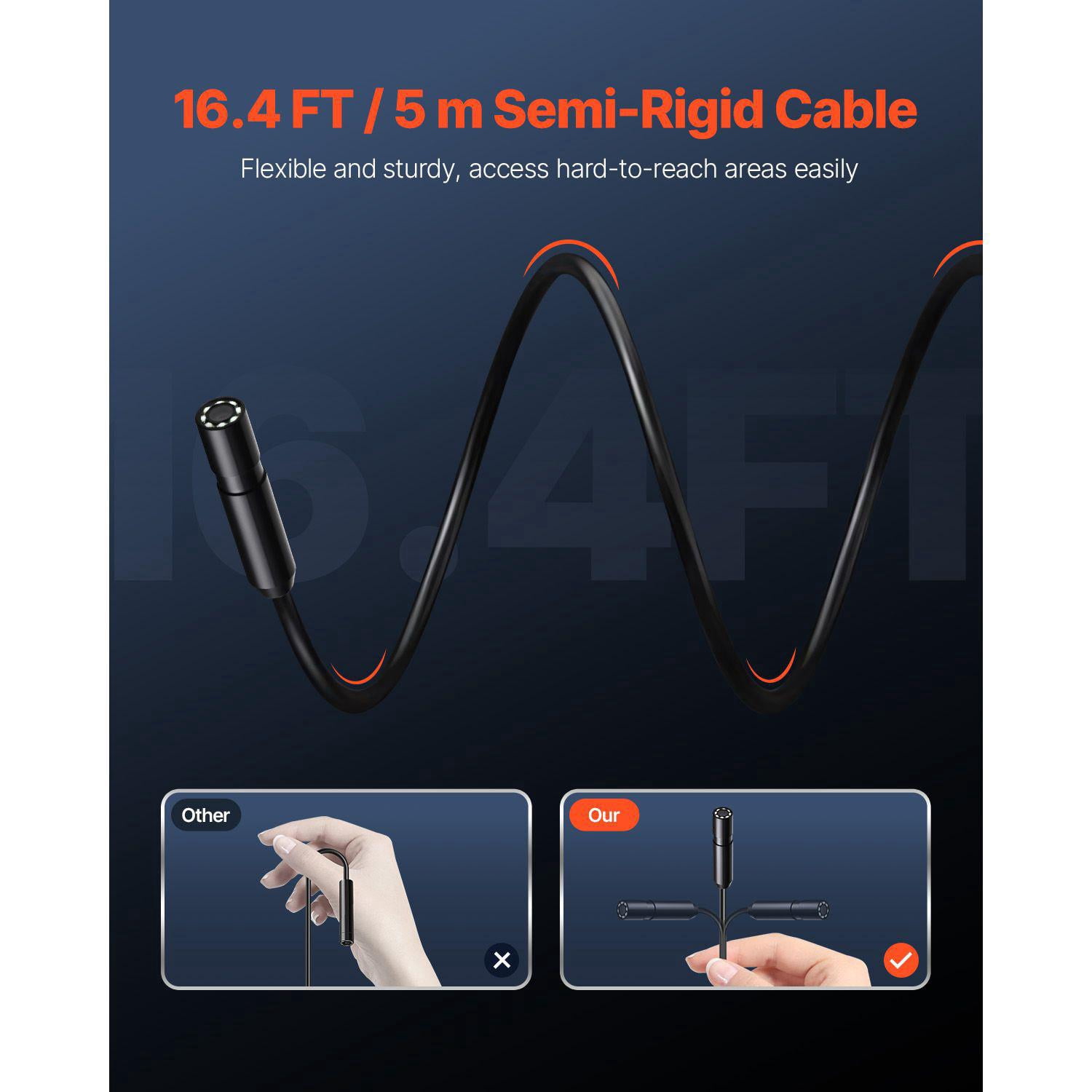 Endoscope Camera 1920P HD Borescope with 8 LED Lights 16.4FT Semi Rigid Cable 2X Zoom IP67 Waterproof for Android iOS Auto Plumbing Inspection
