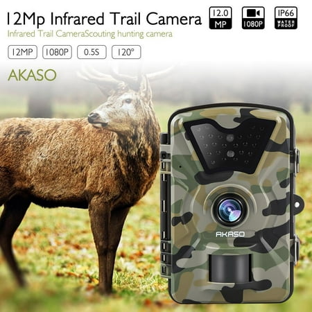 AKASO 12MP Trail Camera with Night Vision 1080P Hunting Camera 120 Degree Wide Angle Game Camera with 2.4 inch LCD 0.5s Trigger Speed IP66 Waterproof for Wildlife