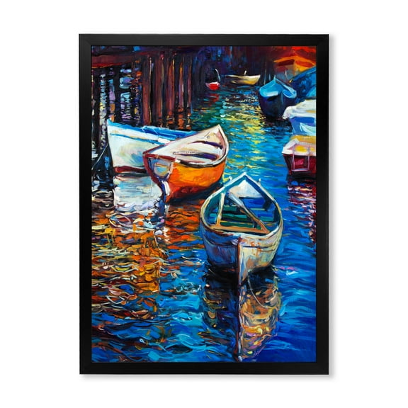 Boats During Warm Sunset Resting On The Water X 30 in x 40 in Framed Painting Canvas Art Print, by Designart