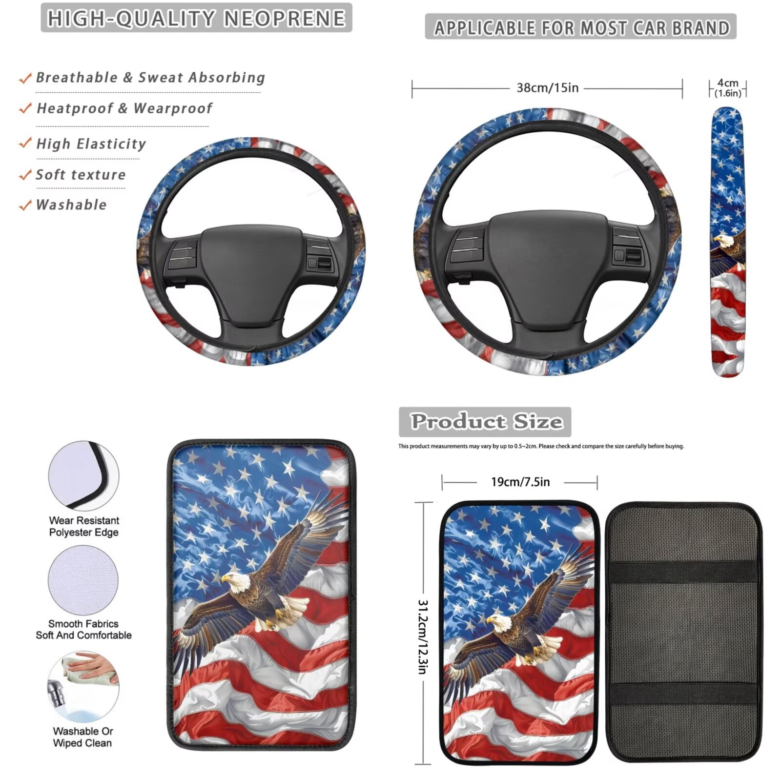 Garronmavis American Flag Eagles 13 Piece Seat Cover Set Universal Car Cover Steering Wheel Cover Armrest Cover Pad Seat Belt Cover Coaster Keychain Lipstick Cover Car Accessories