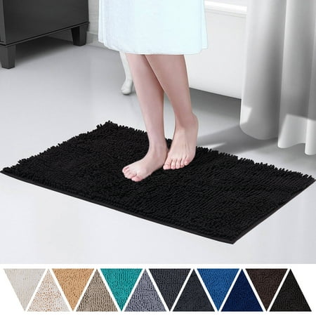 Black Bathroom Mat DEARTOWN 20x32 Inch TPR Non-slip Soft Microfibers of Bathroom Rug Machine-Washable Shaggy Bath Mats - Black ()