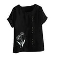 thumbnail image 4 of JSheng Womens Casual Linen Tops Summer Classic Print V-Neck Button Down T-Shirts Loose Short Sleeve Blouses Black M, 4 of 5