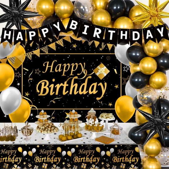 and Gold Birthday Decorations for KKS1 Men Women, and Gold Party Decorations, Happy Birthday Decorations with Tablecloth, Happy Birthday Banner Backdrop Star Foil Balloons Bday Decor for Dad