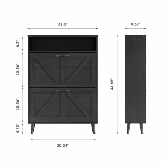 Shoe Cabinet with 2 Flip Drawers & Open Storage,Farmhouse Shoe Storage Cabinet for Entryway,Freestanding Narrow Organizer Rack with Legs,Foyer,Hallway,Black