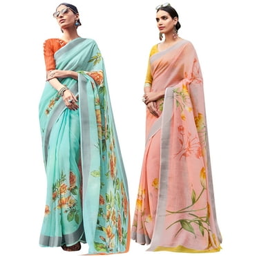 Pack of Two Saree for Women Printed Cotton Silk Indian Wedding Sari | Diwali Gift Ethnic Sarees Combo