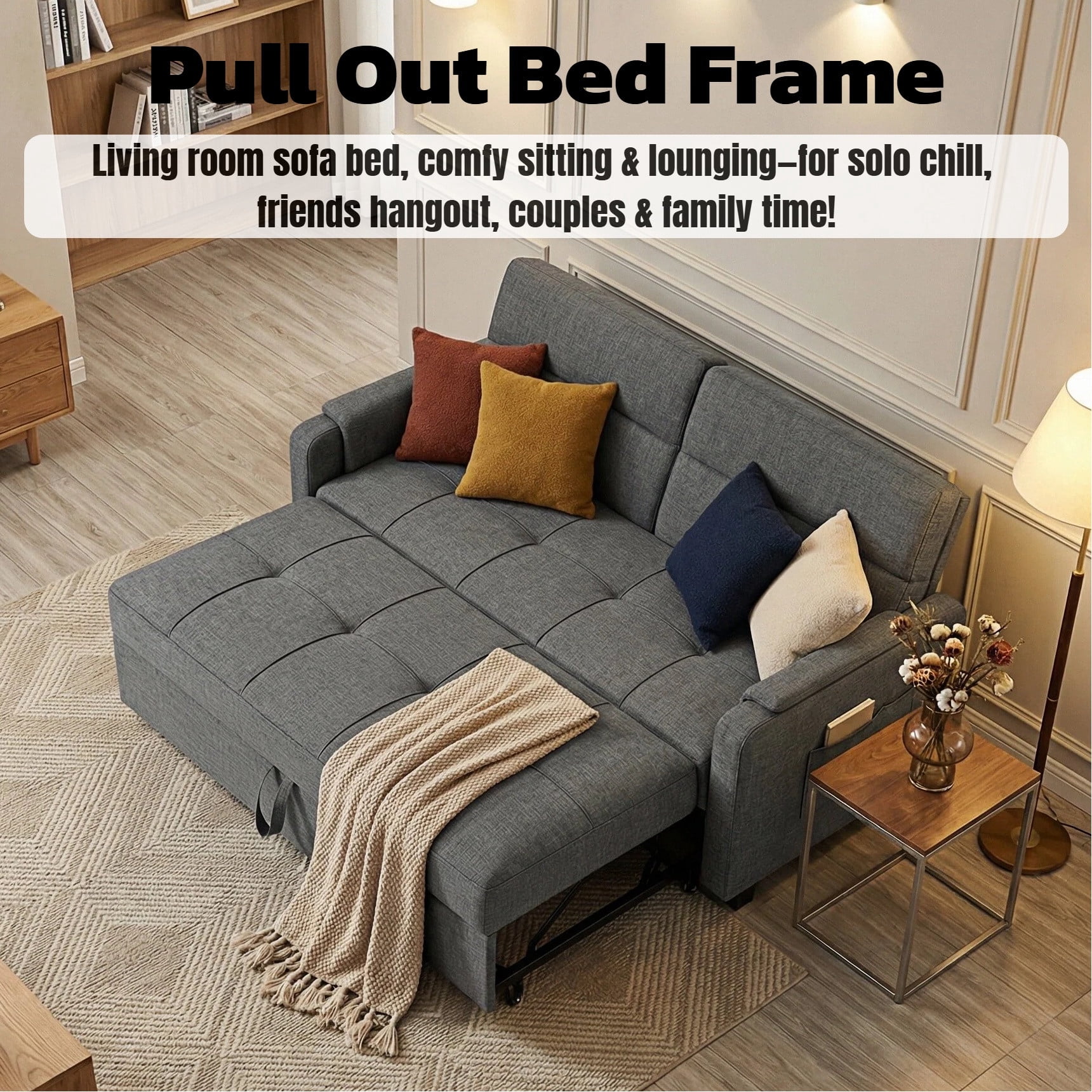 50" Sofa Bed, Lofka 3 in 1 Convertible Sleeper Loveseat, Pull Out Couches with Adjustable Backrest for Living Room Apartment, Linen, Dark Gray