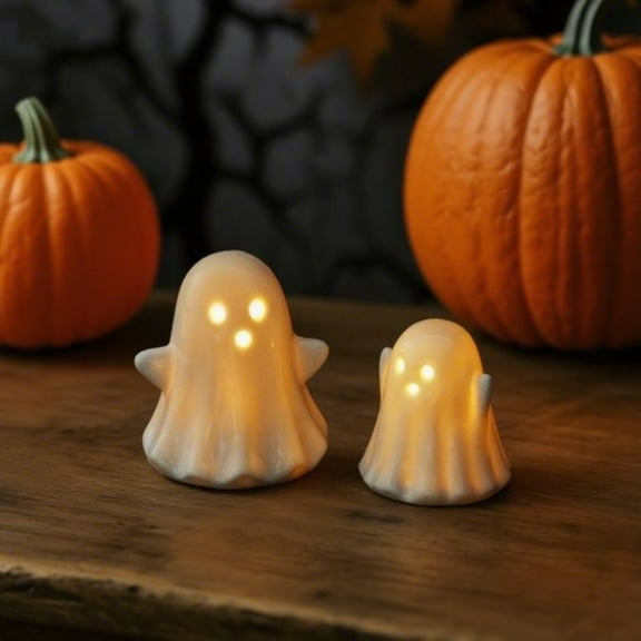 HaoXun Halloween Ceramic LED Ghost Lights Set of 2 - Spooky White Resin Decor for Indoor Outdoor Home, Patio, Garden - Cute Desktop Ornaments with LED Lights (6.3in)