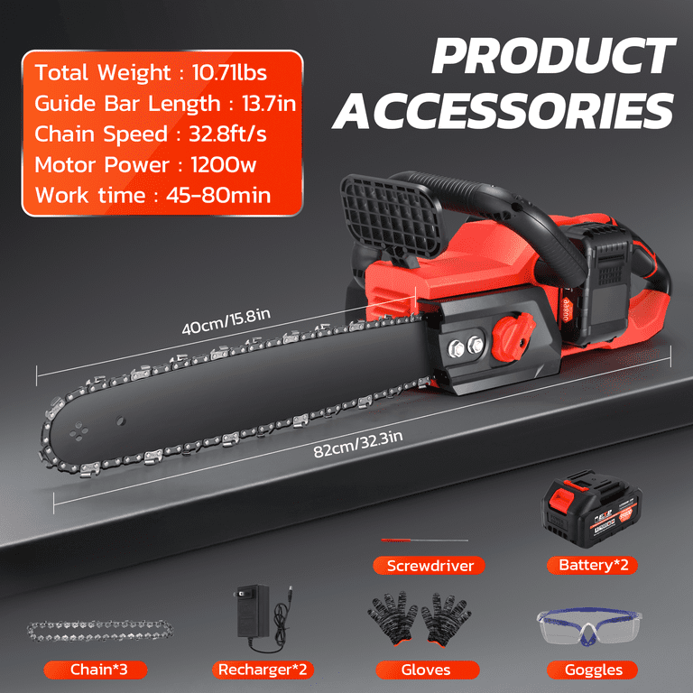 RELOIVE 16 inch 42V Battery Powered Brushless Cordless Chainsaw Kit with 2x2000mAh Batteries 3 Chains Dual Chargers