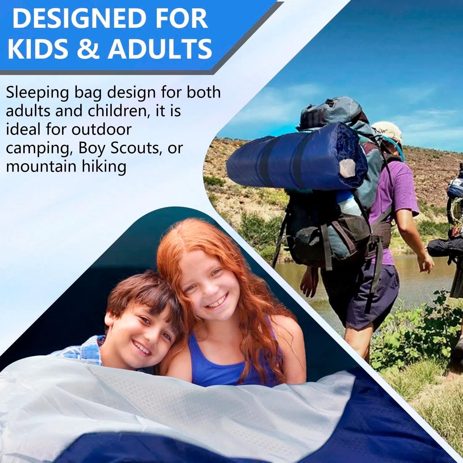 Teblint Camping Sleeping Bag for Adults Kids, Cold Weather Warm Sleeping Bag with Compression Bag for 3 Seasons, Compact Camping Essentials Gear Accessories Hiking Sleep Must Haves-Blue