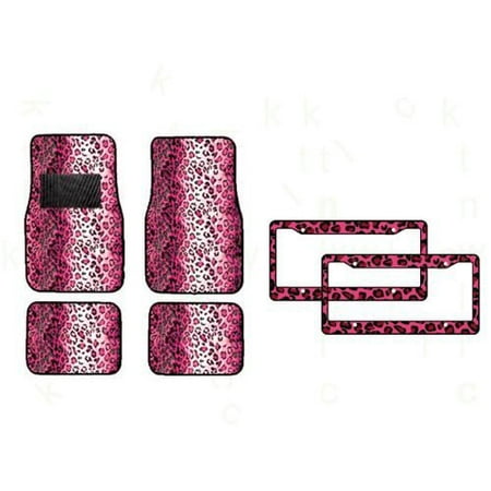 6-Piece Animal Print Automotive Interior Gift Set - A Set of 4 Universal Fit Leopard Pink Carpet Floor Mats for Cars / Truck and 2 Leopard Pink Plastic License Plate Frames