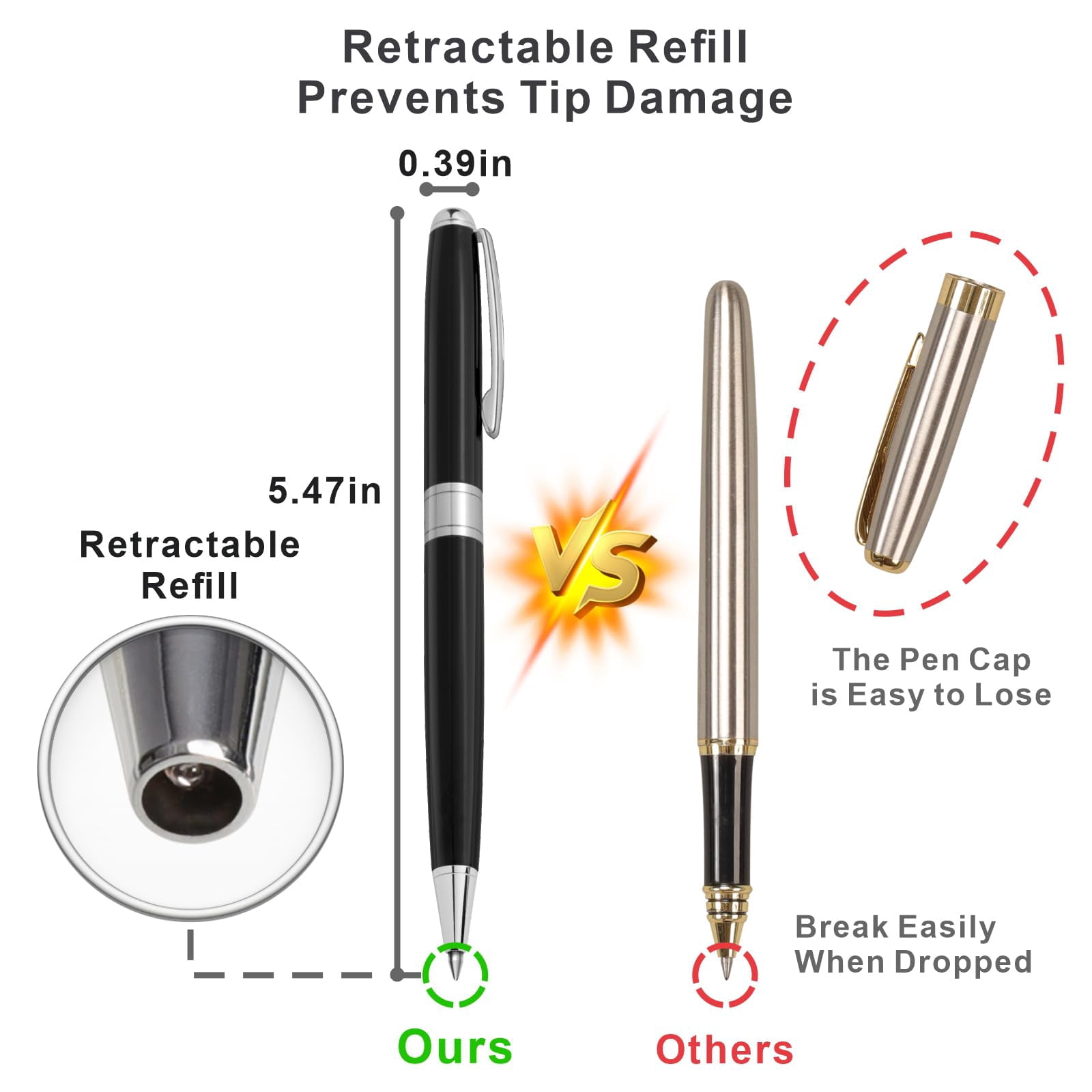 Ballpoint Pens Black Ink - Weighted Metal Twist For Uniform Flight Attendant Business  1.0 Mm Medium Point Smooth Writing 3 With 3 Extra Refills (black)