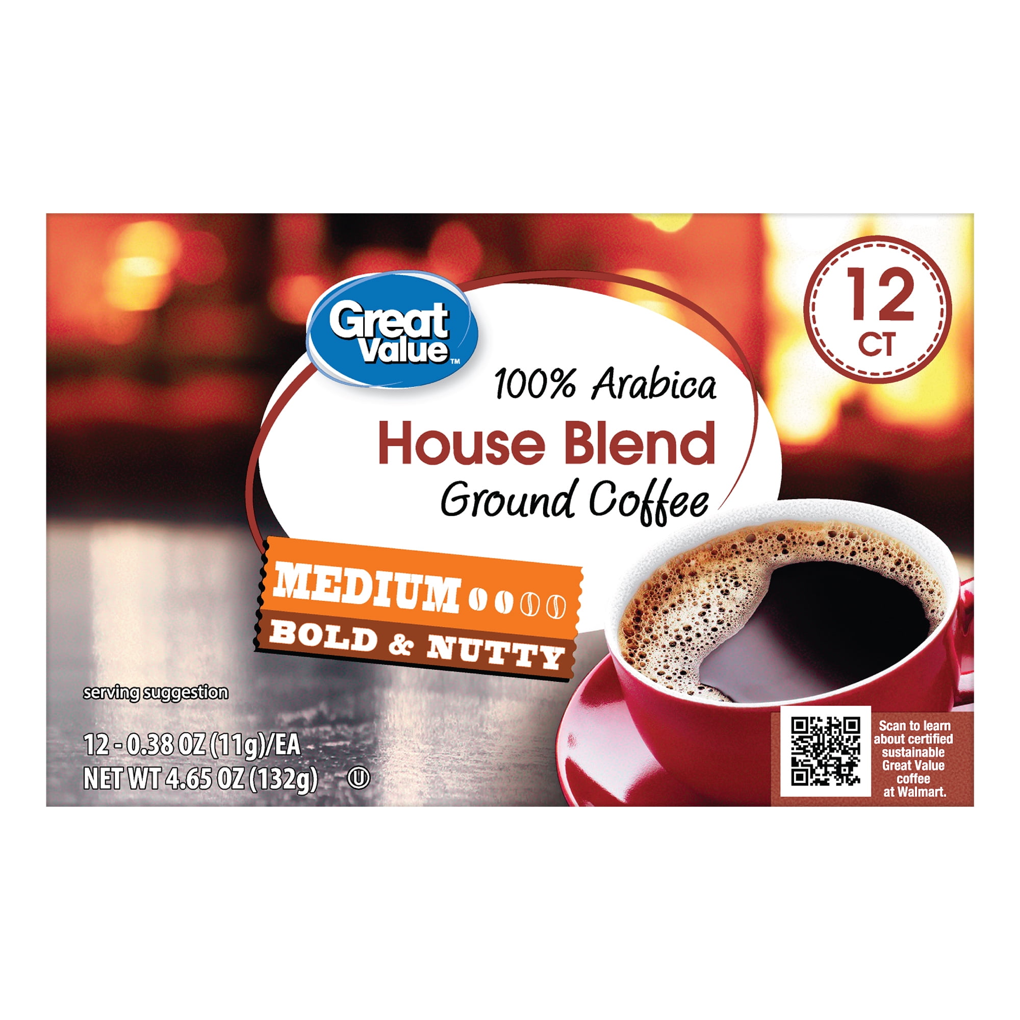 (6 pack) Great Value 100% Arabica House Blend Medium Roast Coffee Pods, 12 Count