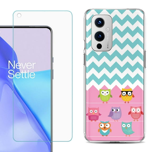 Slim-Fit TPU Phone Case Compatible with OnePlus 9 5G, with Tempered Glass Screen Protector, by OneToughShield ® - Chevron/Teal/Owl