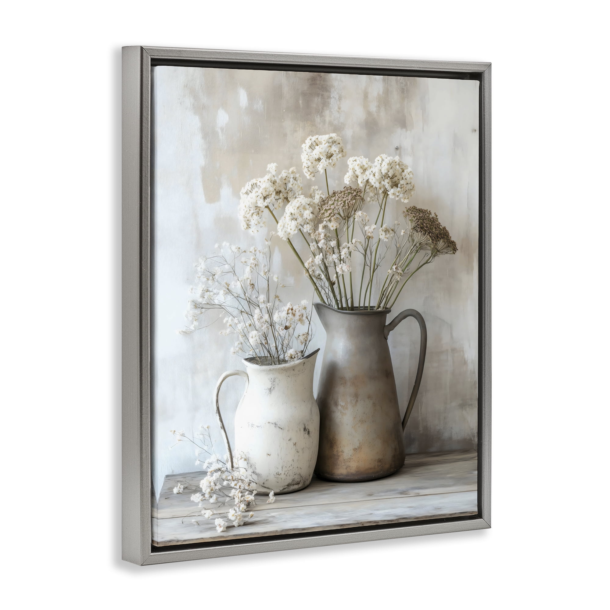 Stupell Industries Rustic Flower Arrangement in Pitchers Gray Framed Floater Canvas Wall Art, design by Creative Studio