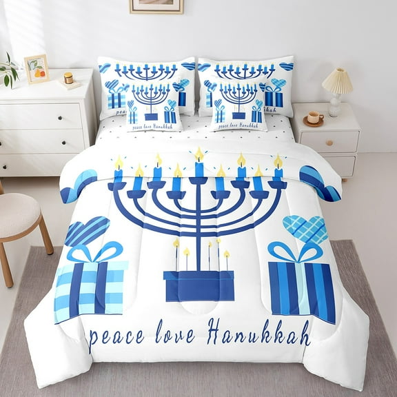 Erosebridal Happy Hanukkah Bedding Sets Twin Size, Chanukah Comforter Sets with Sheets, Gifts Decor, Reversible 7 Pieces