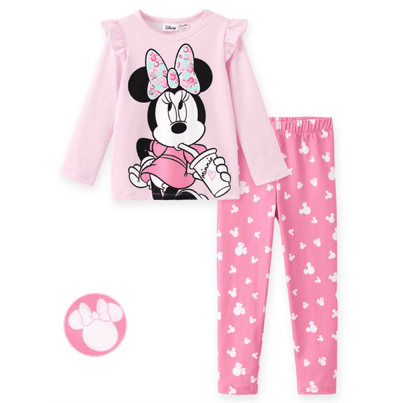 Disney Minnie Mouse Girls Shirts Pink Ruffle Top Printed Leggings 2 Piece Outfit Toddler Kids 2T