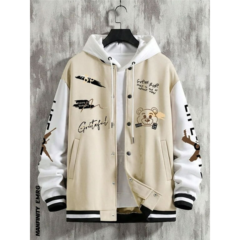 CenturyX Mens Varsity Jackets Y2k Letters Bear Print Graphic Baseball Bomber Jacket Fall Vintage Letterman Jacket Walmart