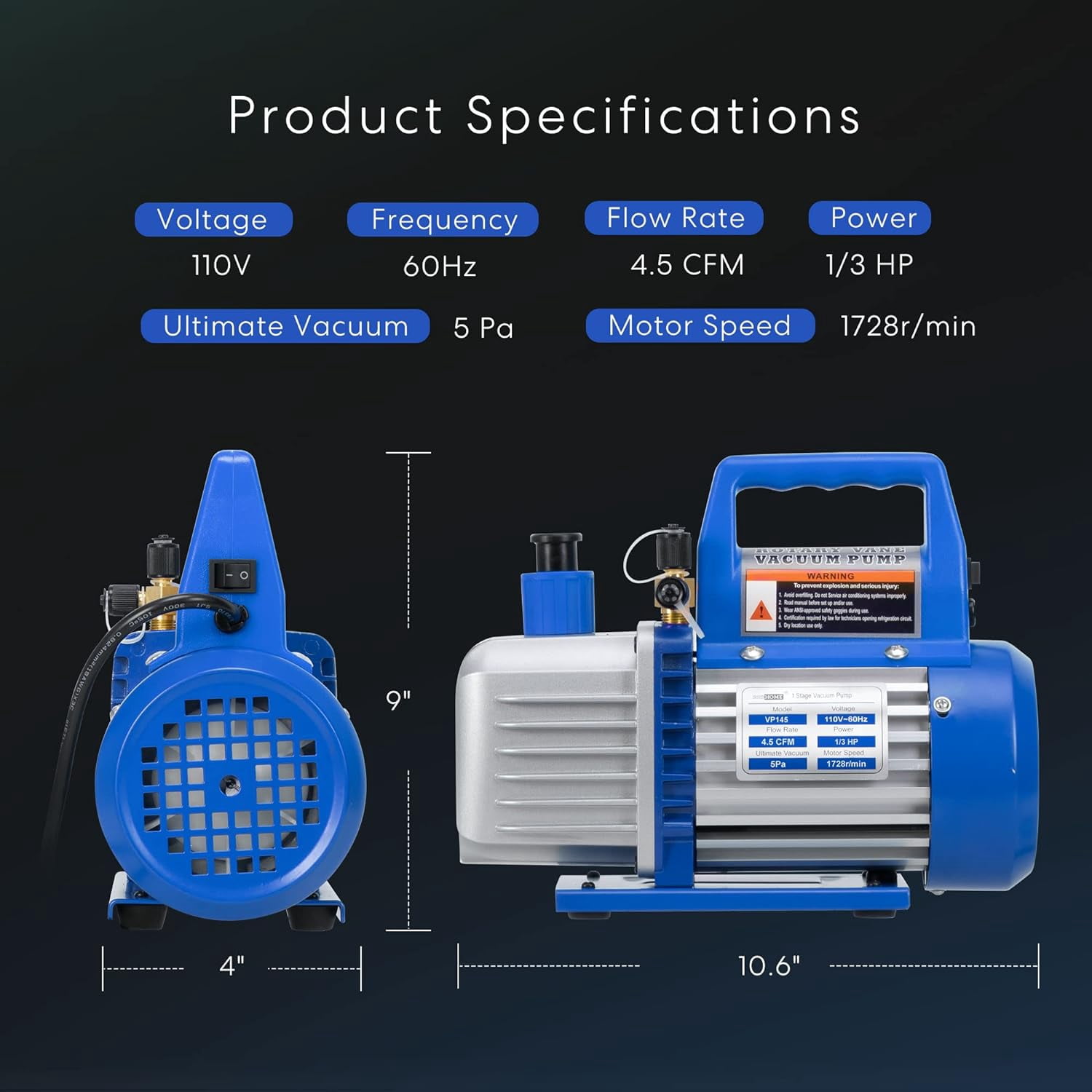 SPECSTAR 110V 1/3 HP 4.5 CFM Single Stage Rotary Vane Air Vacuum Pump with Oil Bottle