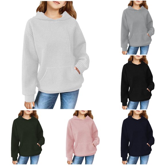 HCYSFG Girls Solid Color Hoodies Long Sleeve Sweatshirt Kangaroo Pocket Fall Winter Daily Casual School Sport Loose Fit Pullover Top