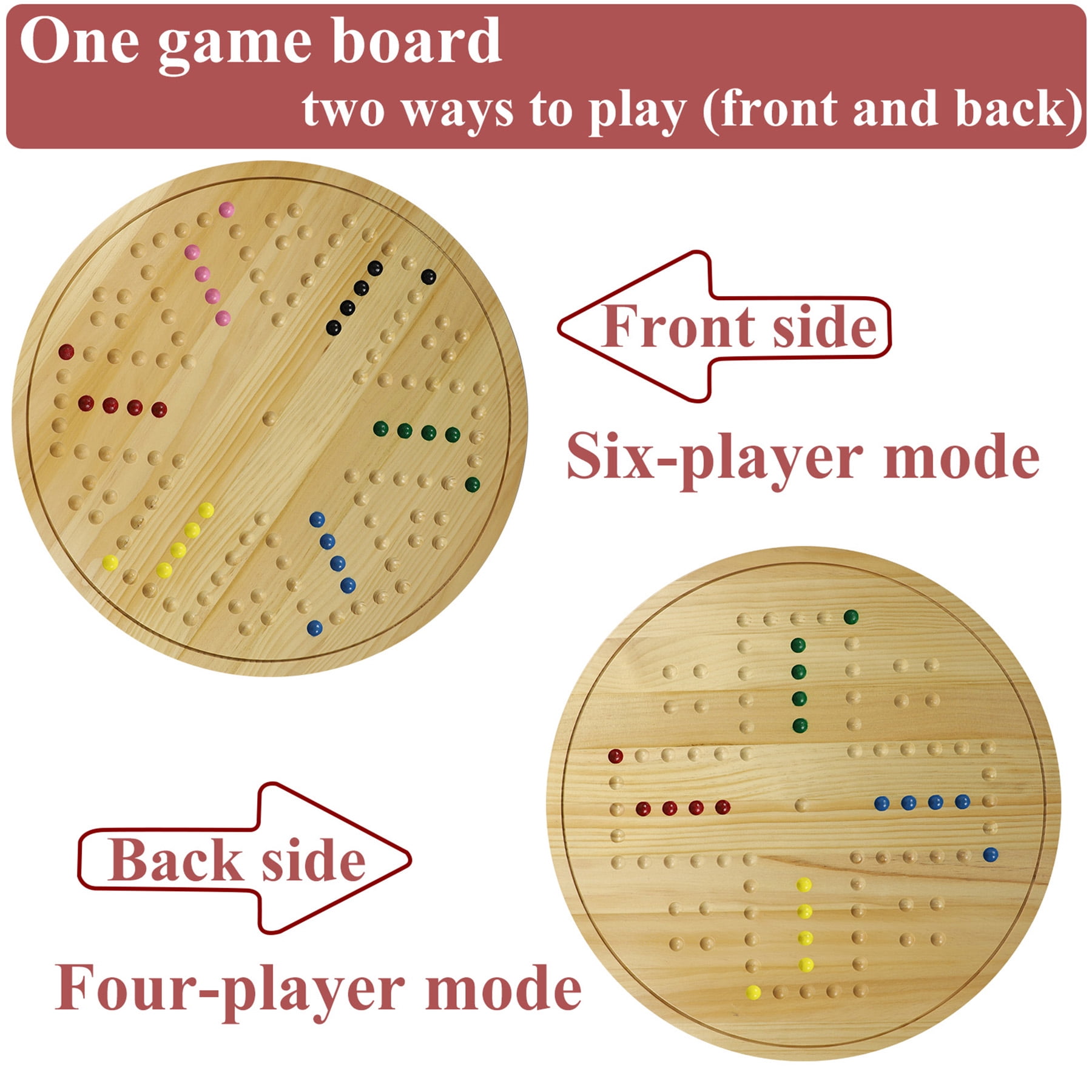 20 in Large Original Marble Game 30 Natural Marbles Wahoo Board Game Double Sided Painted Wooden Fast Track Board Game for 6 and 4Players 6Colors 30 Marbles 6 Dice for Family Friends and Party