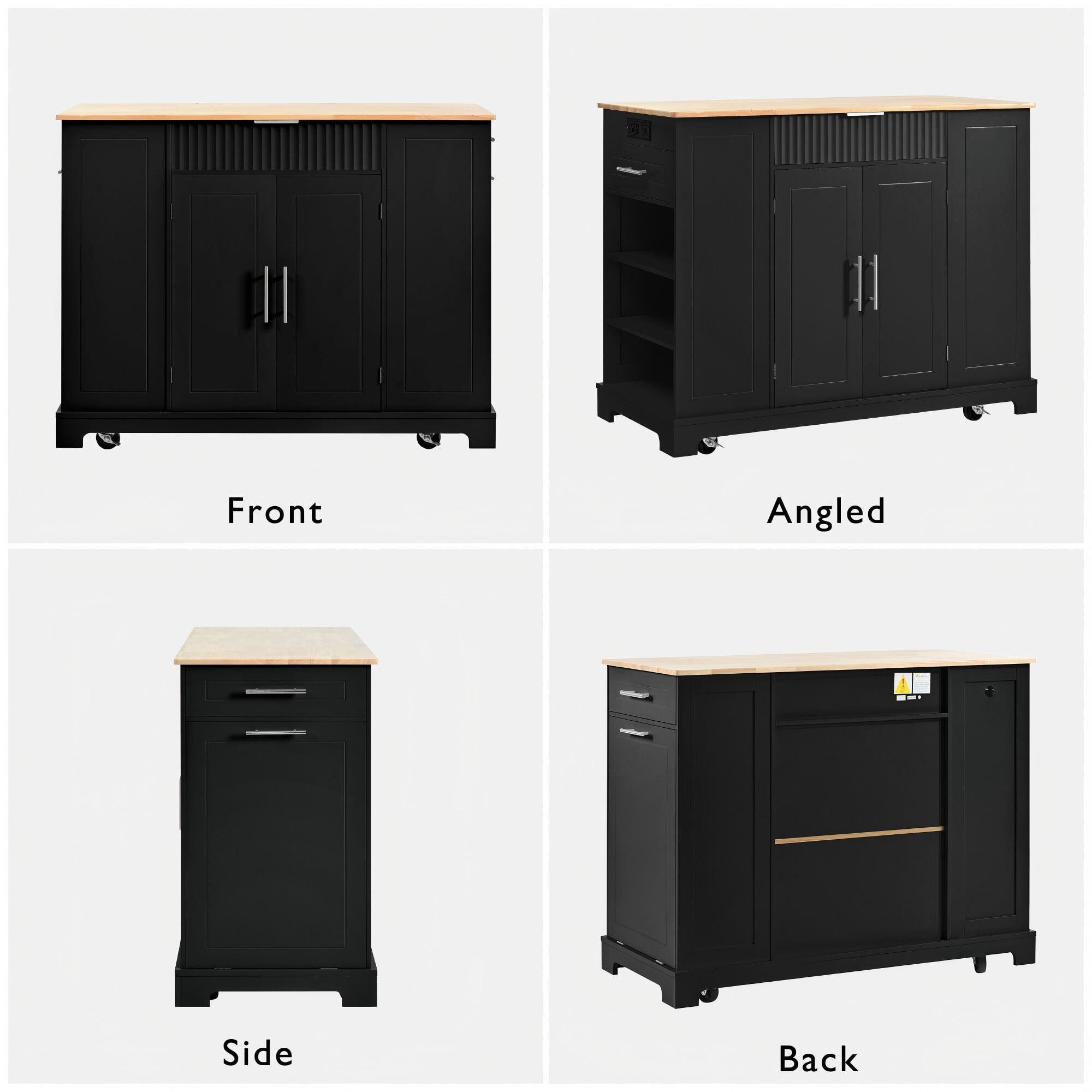 AENKYO 47" Kitchen Island with Power Outlet & Hidden Trash Can, Mobile Kitchen Cart with Drawers and Shelves, Black