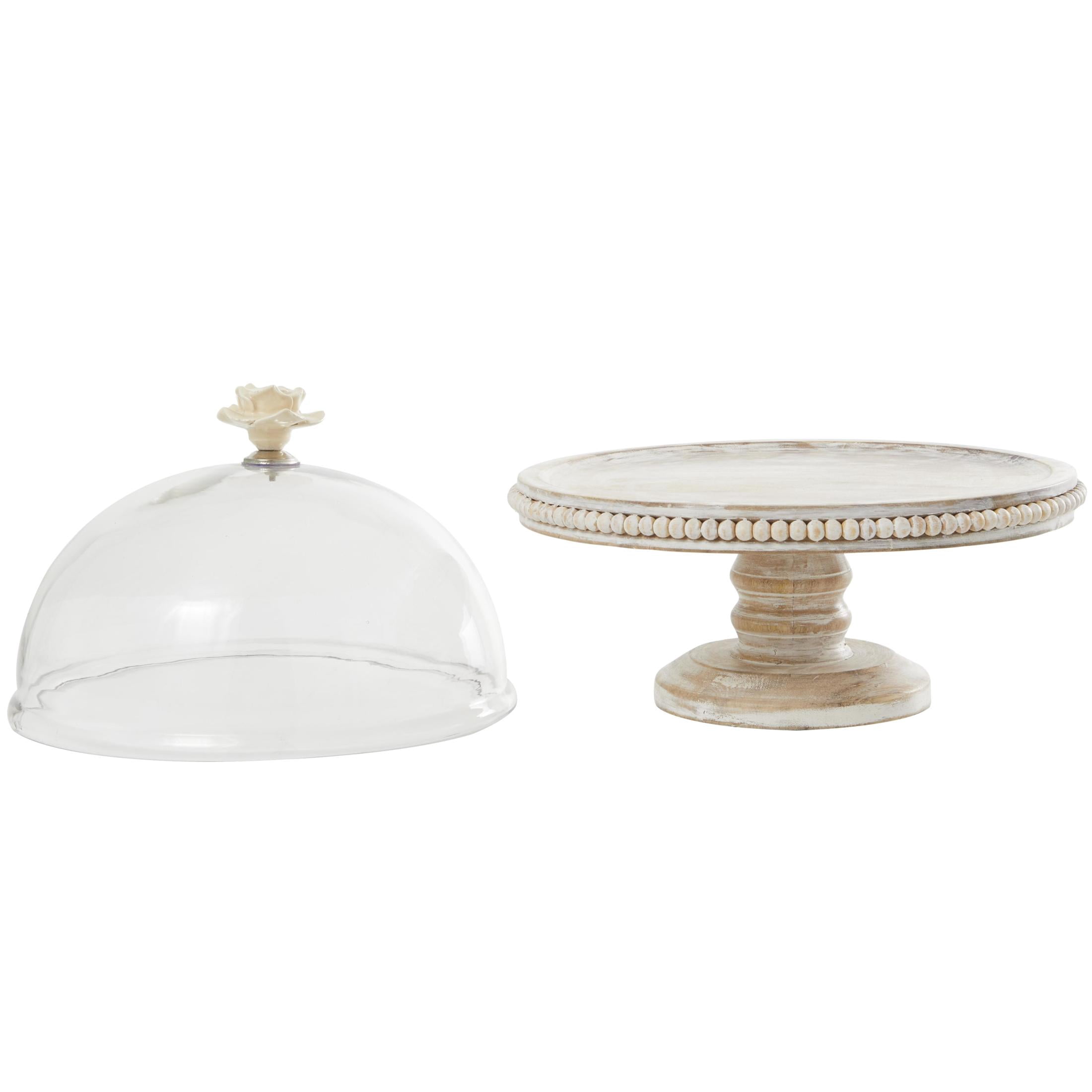 DecMode 12" x 12" Cream Mango Wood Floral Decorative Stand with Glass Dome, 1-Piece