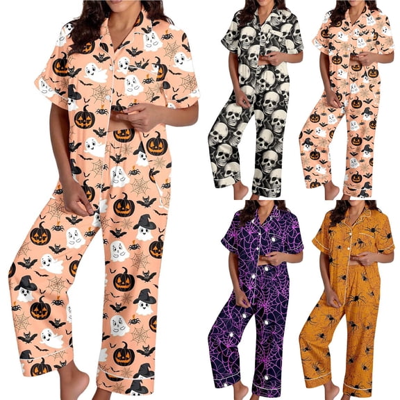Orange Women Cute Pajamas Satin Fall 2 Piece Silk Pj Set Funny Ghost Pumpkin Print Short Sleeve Button Tops and Pants S