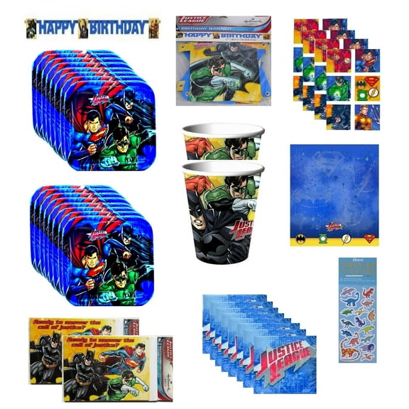 Justice League Boy Birthday Party Bundle includes 16 Dessert Plates, 16 Napkins, 16 Cups, 1 Table Cover, 1 Birthday Banner, 16 Party Invitations, 16 Loot Bags, 24 Stickers