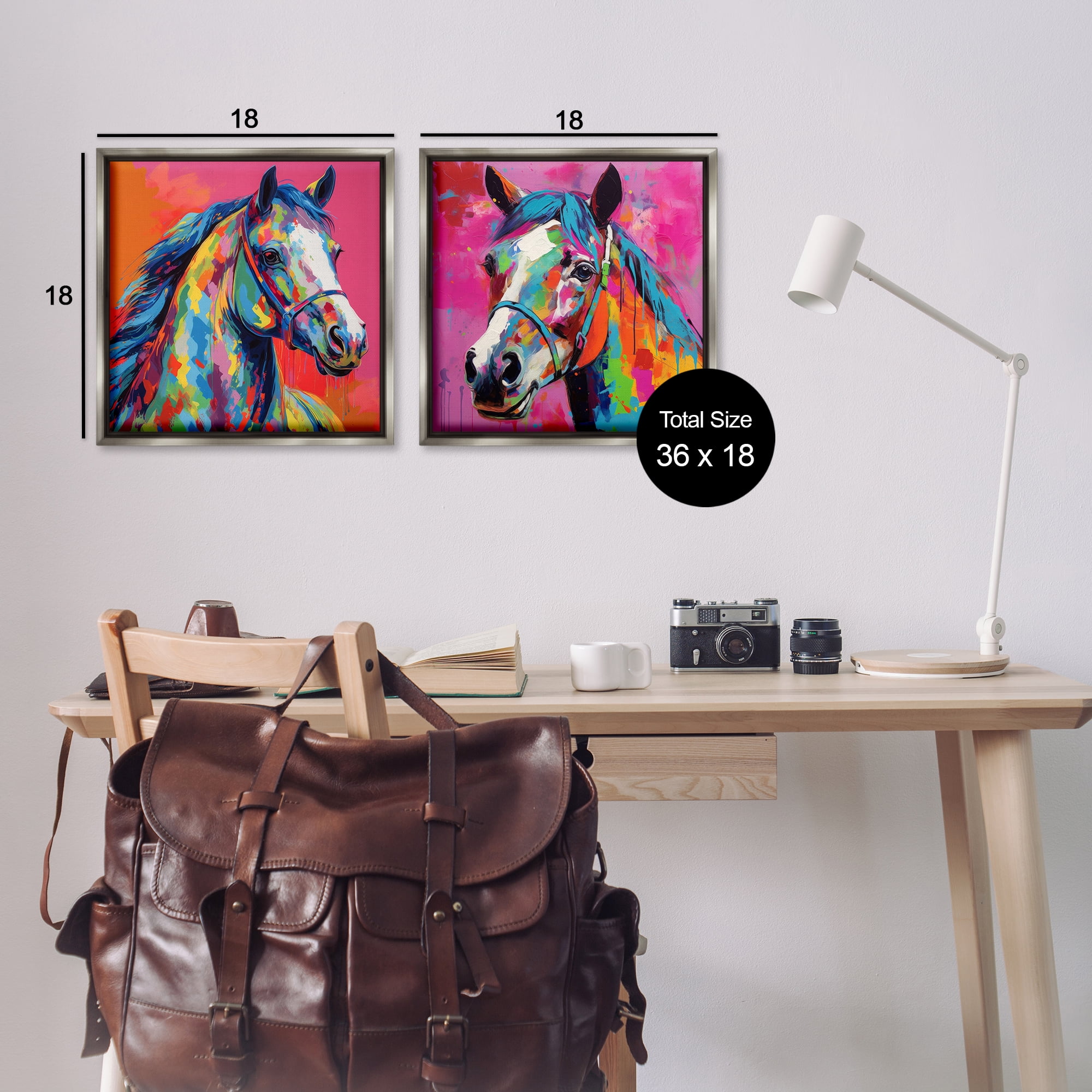 Stupell Industries Bright Neon Horse Portrait Animals Painting Gray Floater Framed Canvas Art Print Wall Art, 18 x 18, Set of 2