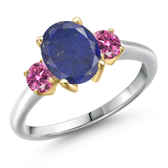 Gem Stone King 10K Two Tone Gold Blue Lapis and Pink Moissanite Engagement Ring for Women | 2.46 Cttw | Oval 9X7MM | Gemstone Birthstone | Size 7