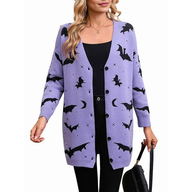 Cárdigan de Punto Holgado Informal de Larga con Botones para Mujer, con Diseño de Murciélago de Halloween. Púrpura M