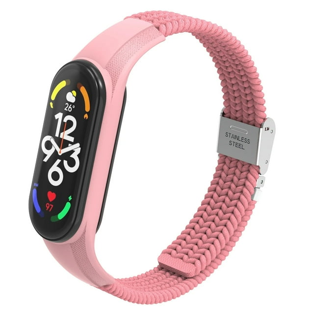 correa de silicón y nylon + hebilla unisex para smart watch de xiaomi compatible con de mi band 7 / 6 / 5 / 14 Rosa. Vista 3/4 con sección de silicón lisa y banda de nylon trenzado, hebilla rectangular de acero inoxidable marcada, ajustable hasta 230 mm (23 cm), flexible y transpirable, compatible con Xiaomi Mi Band 4/5/6/7.