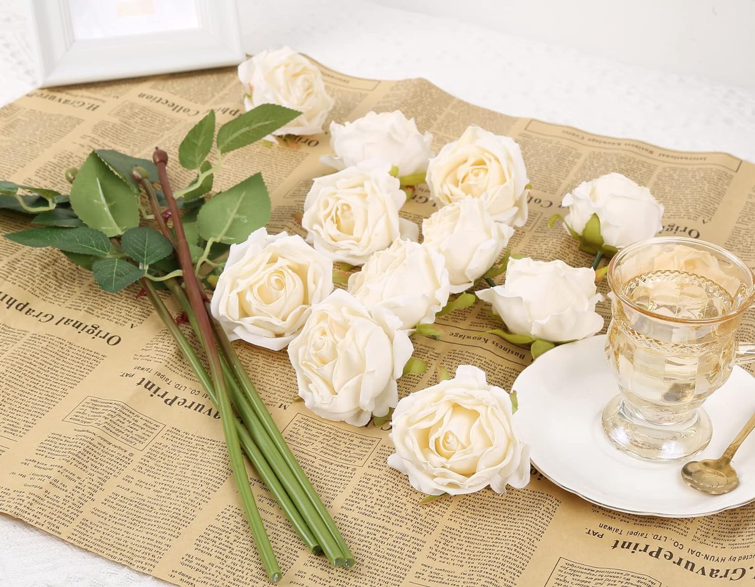 White Roses Artificial Flowers Vintage Dried White Flowers Artificial Roses Silk Flowers with Single Stem White Fake Rose for Wedding Centerpieces Wall Flowers Decorations (Off White)