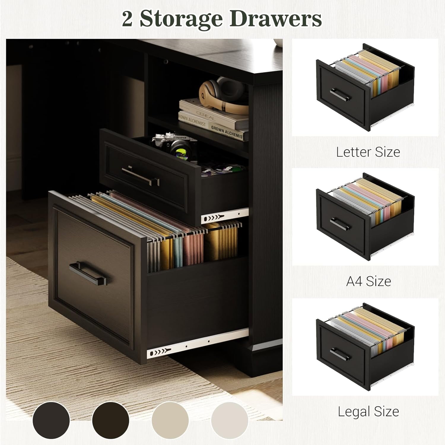 Homieasy L Shaped Executive Desk with File Drawers, 60" Corner Computer Desk with Power Outlets, Large 2 Person Home Office Table with Storage Cabinet, Sturdy Writing Desk, Black
