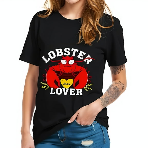 Lobster Lover T-Shirt - Relaxed Fit Black Tee with Cartoon Lobster & Heart Design - Casual Style