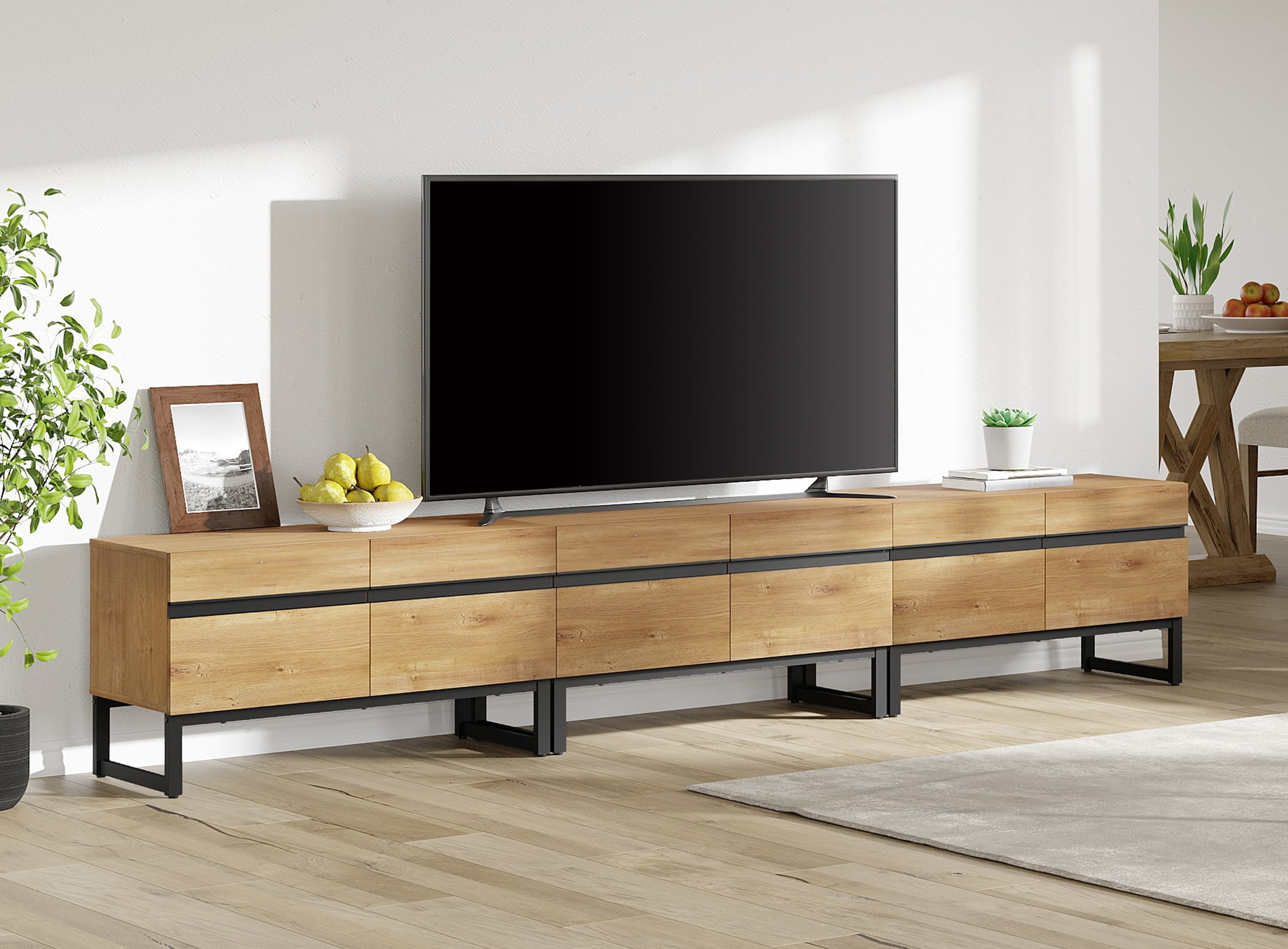 Modern 3-Piece Living Room Set, 106 Inch TV Stand And 2 End Table Sets With Drawers, Media Console with Storage Shelves, Sturdy Wood Frame & Metal Legs, Contemporary Furniture for Living Room,Oak