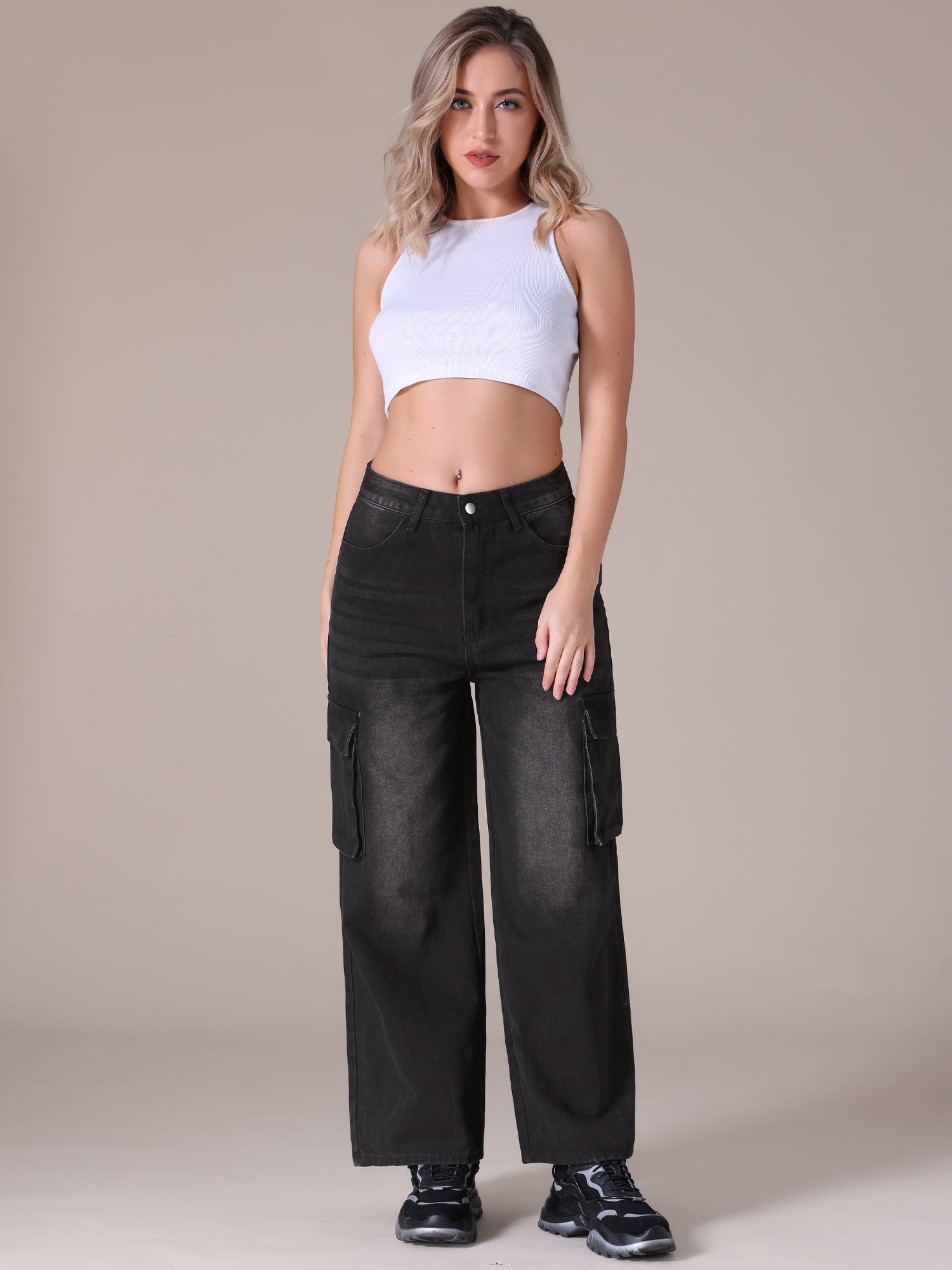 Unique Bargains Women's High Waisted Casual Wide Leg Baggy Denim Pants XL Black