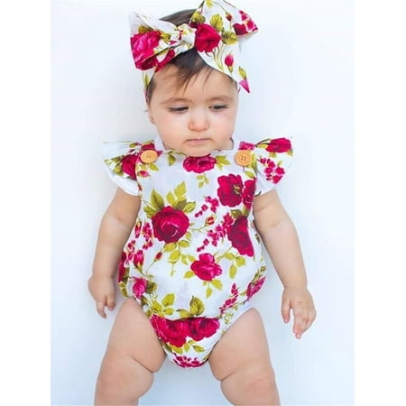 

Huakaishijie Newborn Baby Girl Flower Jumpsuit Romper Bodysuit Headband 2pcs Outfits 0-24 Months