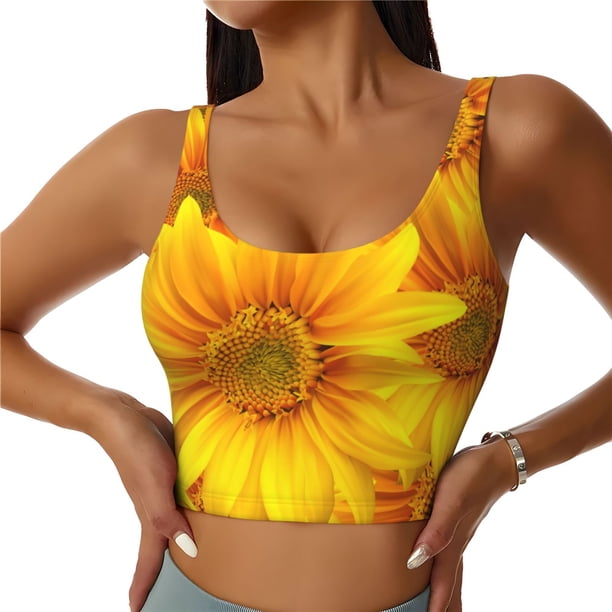 Fotbe 3D Sunflowers Sujetador Deportivo Largo sin Aros para Mujer con Almohadillas y Soporte Medio, Transpirable y Absorbente, Camiseta Tipo Chaleco o Tank Top-X-Large