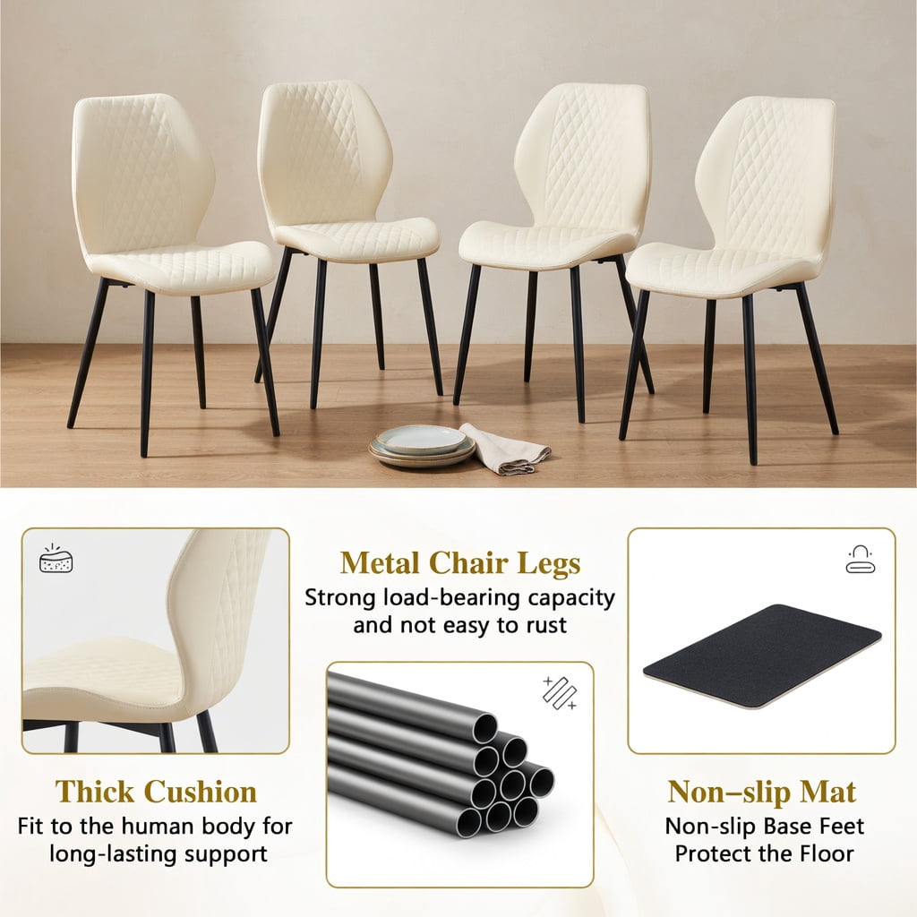 Hommoo Set of 4 Light Luxury Diamond-Quilted PU Dining Chairs with Black Metal Legs, Modern Ergonomic Upholstered Chairs for Dining Room, Cafe & Small Spaces, Off White