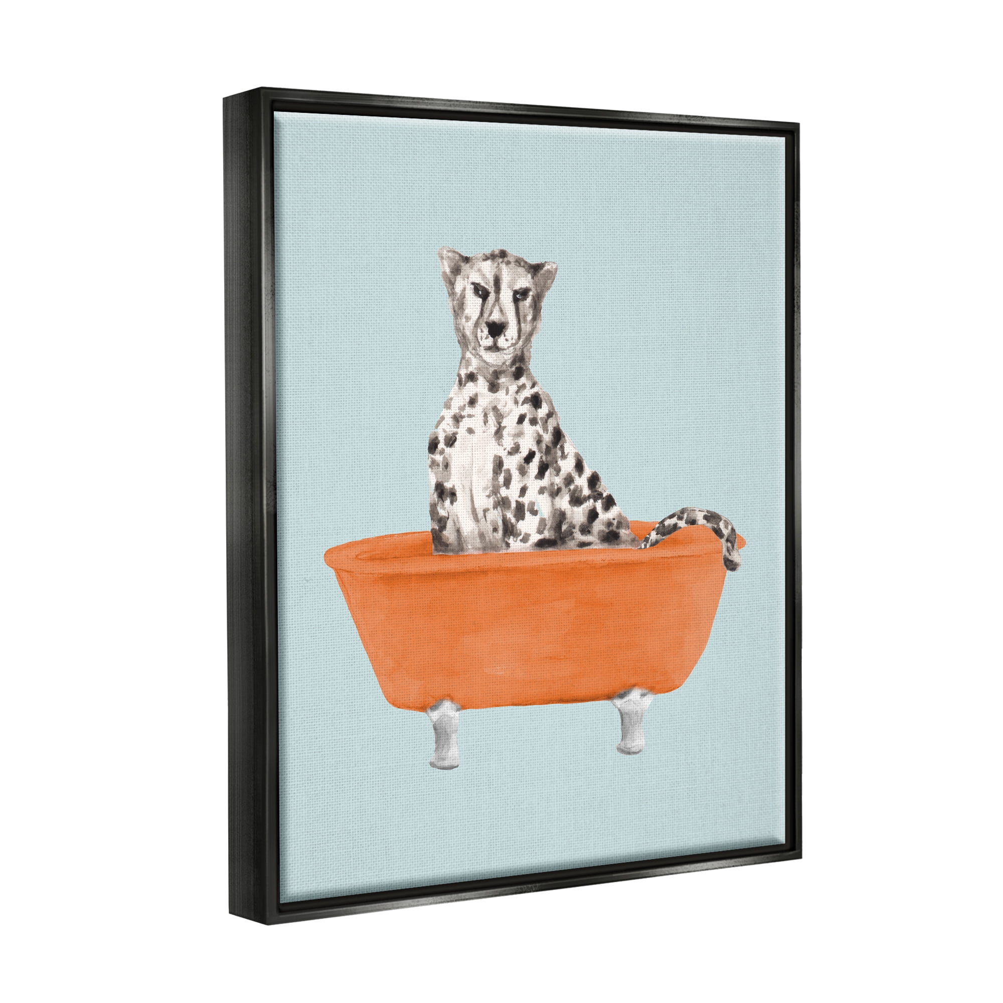 Stupell Industries Turquoise Cheetah in Tub Animals & Insects Painting Black Floater Framed Art Print Wall Art, 17 x 21