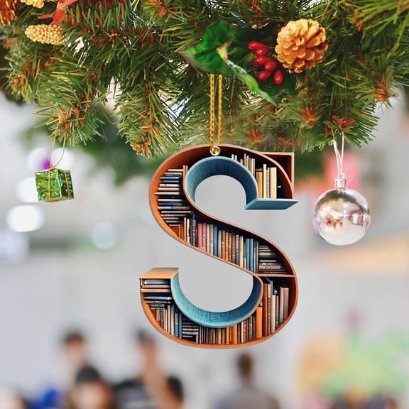 HomeDM Letter S Christmas Tree Ornaments, Book Lovers Hanging Pendant, 2D Flat Acrylic Wreaths Xmas Tree Home Decor, 26 Letter Bookshelf Xmas Ornament, Gifts for Book Lovers, Christmas