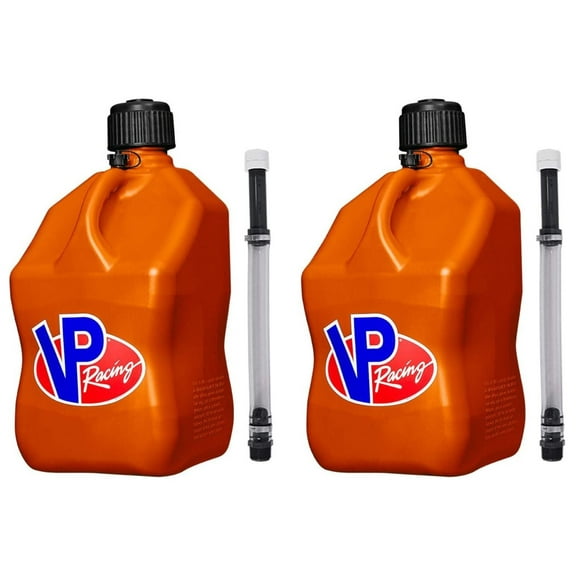 5 Gallon Square motorsport Container Orange with 2 Deluxe Filler Hoses (2 Pack)