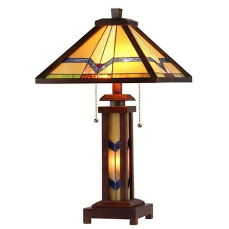 Chloe Lighting Alexander Tiffany-Style 3-Light Mission Double Lit Wooden Table Lamp with 15" Shade