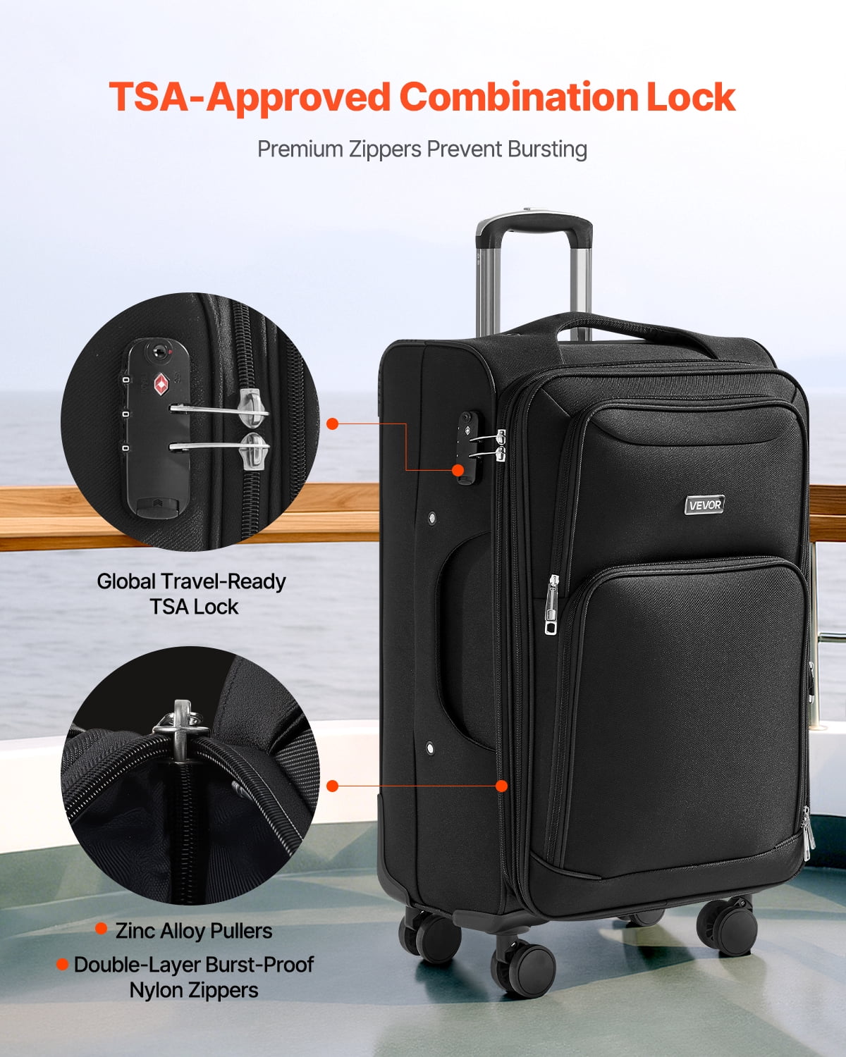 VEVOR Softside Expandable Luggage with Spinner Wheels, 24-Inch Softside Checked Medium Luggage, Lightweight Checked Suitcase with Expandable Zippered Pocket and TSA Lock, Black