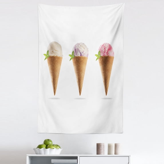 Ice Cream Cone Tapestry, Realistic Delicious Summer Snack Cold Flavor Ball Picturesque, Fabric Wall Hanging Decor for Bedroom Living Room Dorm, 5 Sizes, White and Multicolor, by Ambesonne